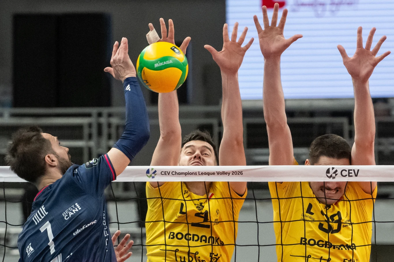 zawodnik w granatowej koszulce atakuje piłkę do siatkówki, podczas gdy trzech siatkarzy w żółtych strojach blokuje piłkę przy siatce podczas meczu Ligi Mistrzów