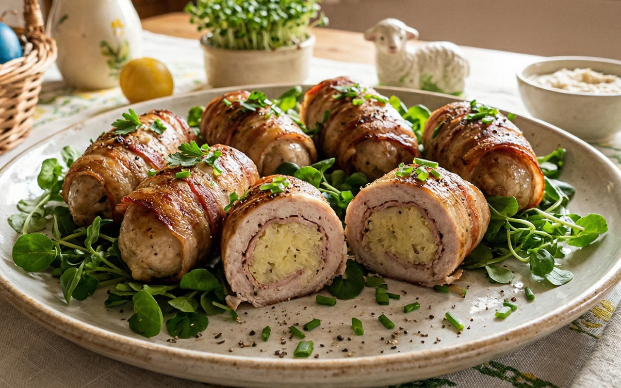 Roladki z białej kiełbasy – z boczkiem i ziemniakiem Roladki z białej kiełbasy, podane na talerzu na świeżej rukoli; w tle ceramiczna figurka baranka i wiosenne dekoracje stołu.