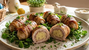 Roladki z białej kiełbasy – z boczkiem i ziemniakiem