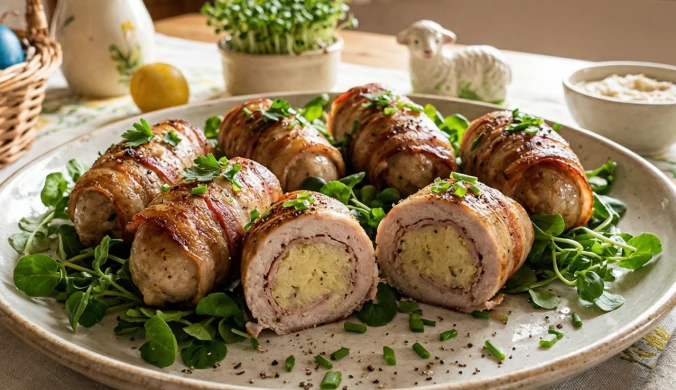 Roladki z białej kiełbasy – z boczkiem i ziemniakiem