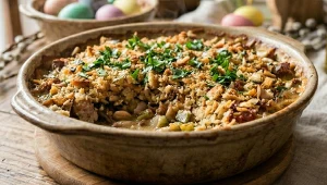 Zapiekanka z białą kiełbasą i słoną kruszonką