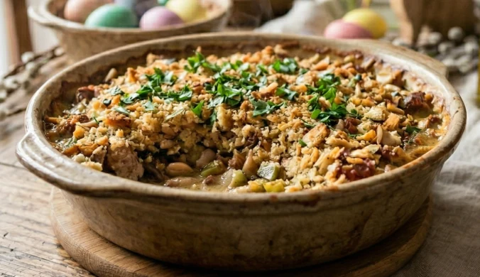 Zapiekanka z białą kiełbasą i słoną kruszonką