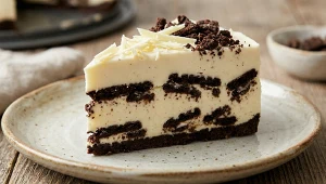 Sernik jogurtowy z białą czekoladą i ciastkami