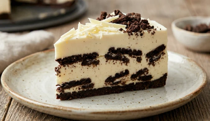 Sernik jogurtowy z białą czekoladą i ciastkami