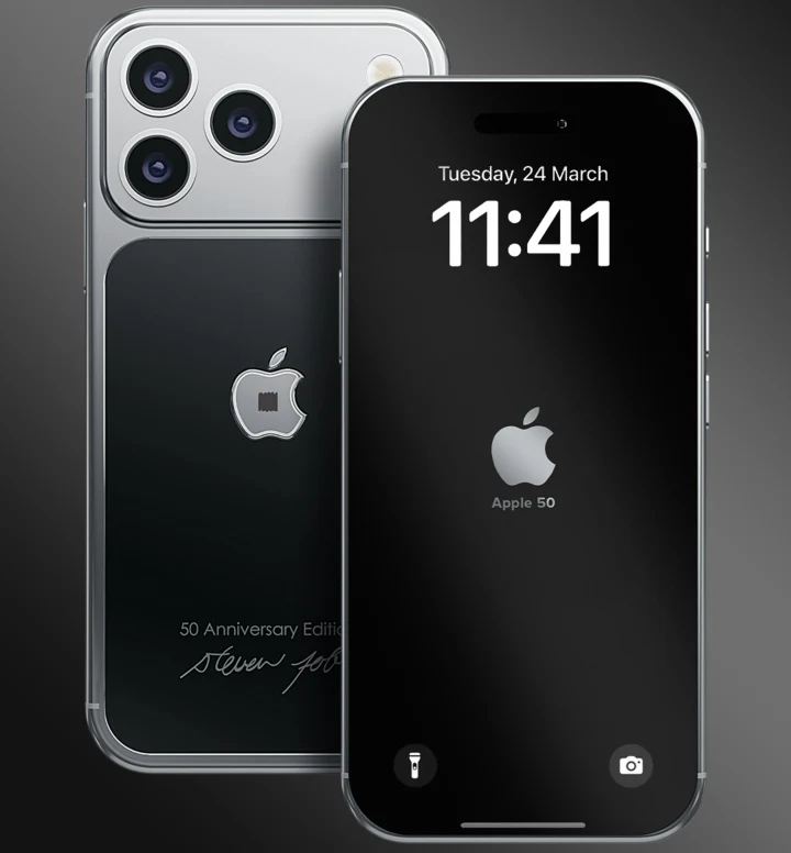 nowoczesny smartfon Apple w jubileuszowej edycji, z wyraźnie oznaczoną rocznicą 50-lecia, charakterystycznym logo na pleckach oraz potrójnym aparatem; na wyświetlaczu widoczna godzina 11:41, data 24 marca oraz napis 'Apple 50'