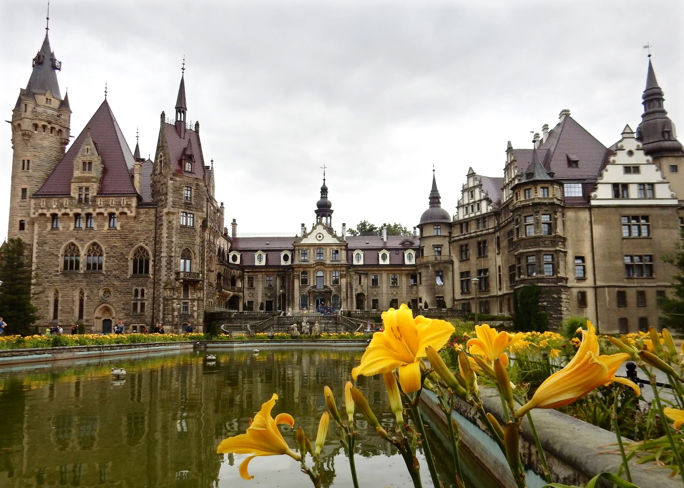 Jeden z najpiękniejszych zamków w Polsce. Warto odwiedzić go wiosną. Zamek w Mosznej w stylu neogotyckim z wieżami, otoczony ogrodem. Na pierwszym planie widoczny staw oraz kwitnące lilie.