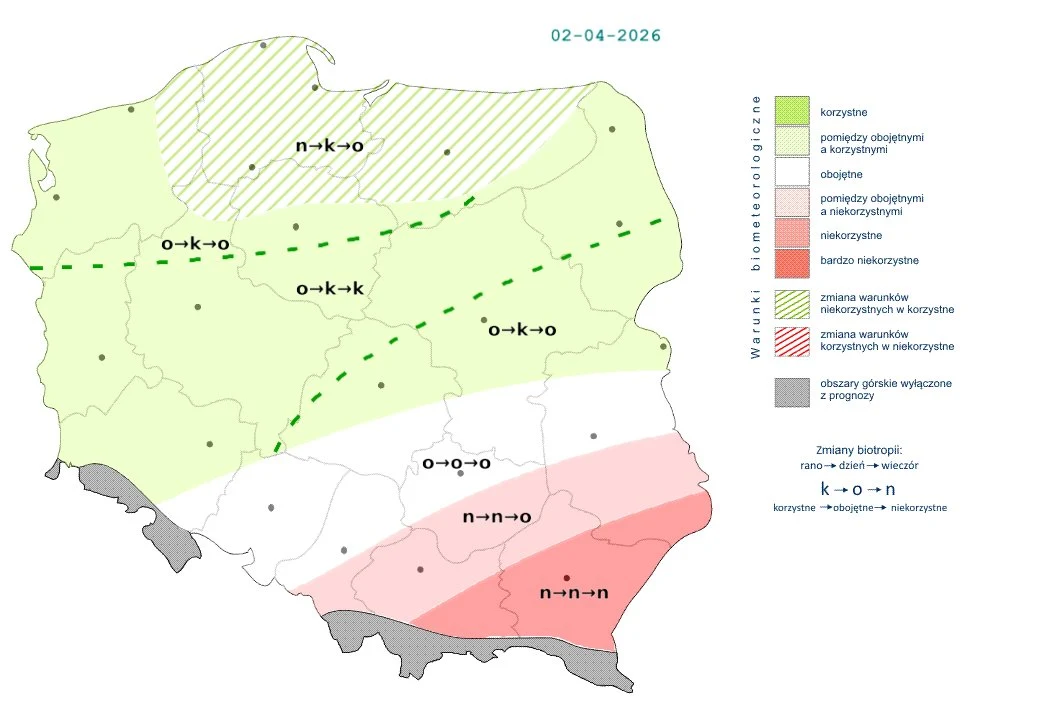 mapa Polski podzielona na strefy korzystności bioklimatu dla organizmu człowieka na dzień 2 kwietnia 2026; północna część kraju oznaczona kolorem zielonym jako korzystna, środkowa wyznaczona liniami przerywanymi z przejściami od korzystnych do niekorzy...