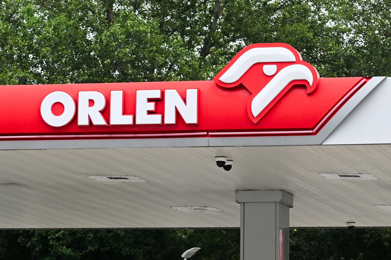 logo i nazwa stacji paliw ORLEN na czerwonym tle z charakterystycznym symbolem orła, w tle zielone korony drzew