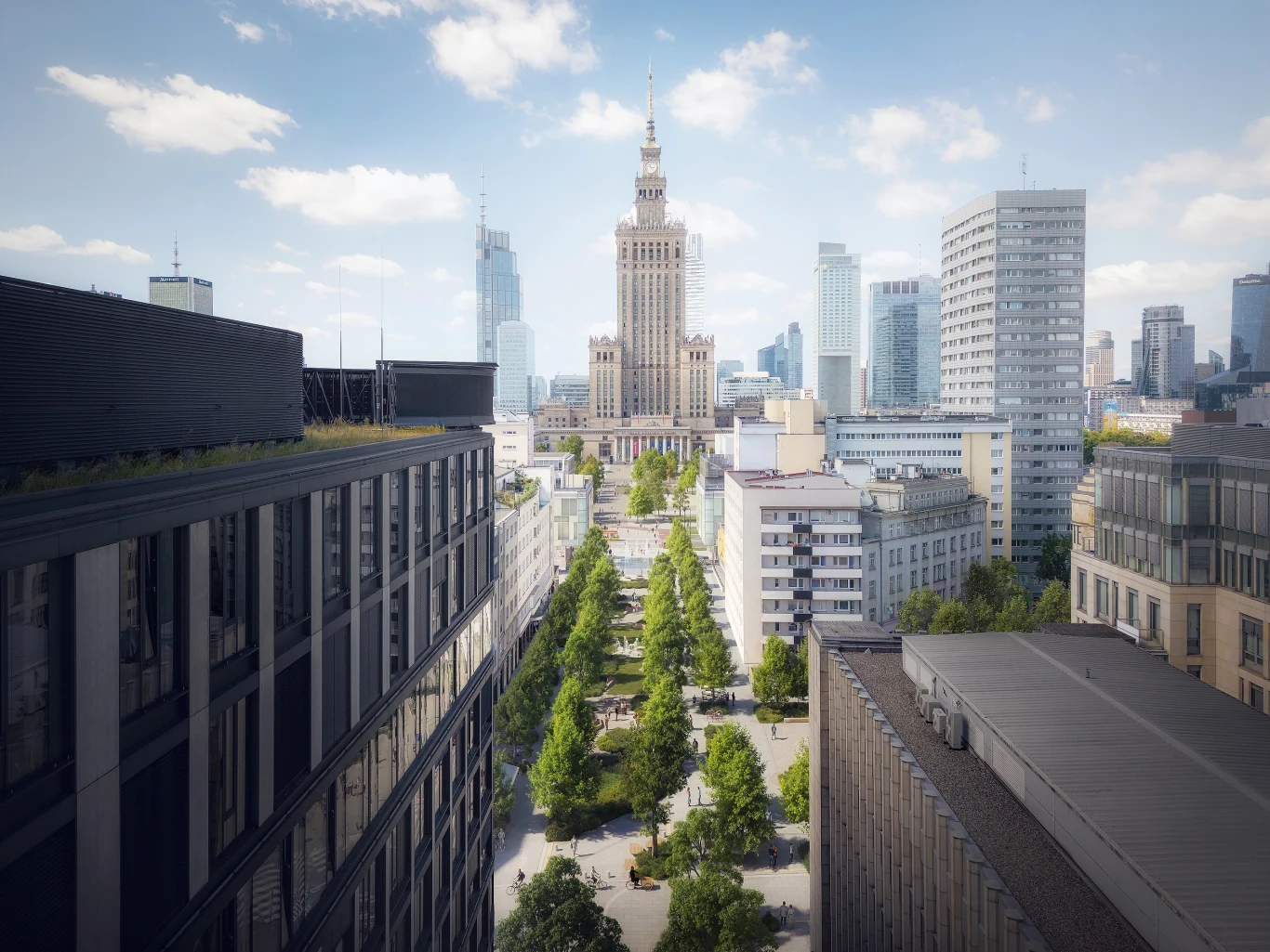 Pałac Kultury i Nauki góruje nad centrum miasta, otoczony nowoczesnymi wieżowcami i szeroką aleją obsadzoną symetrycznie drzewami, prowadzącą przez śródmieście wśród wysokich, miejskich budynków.