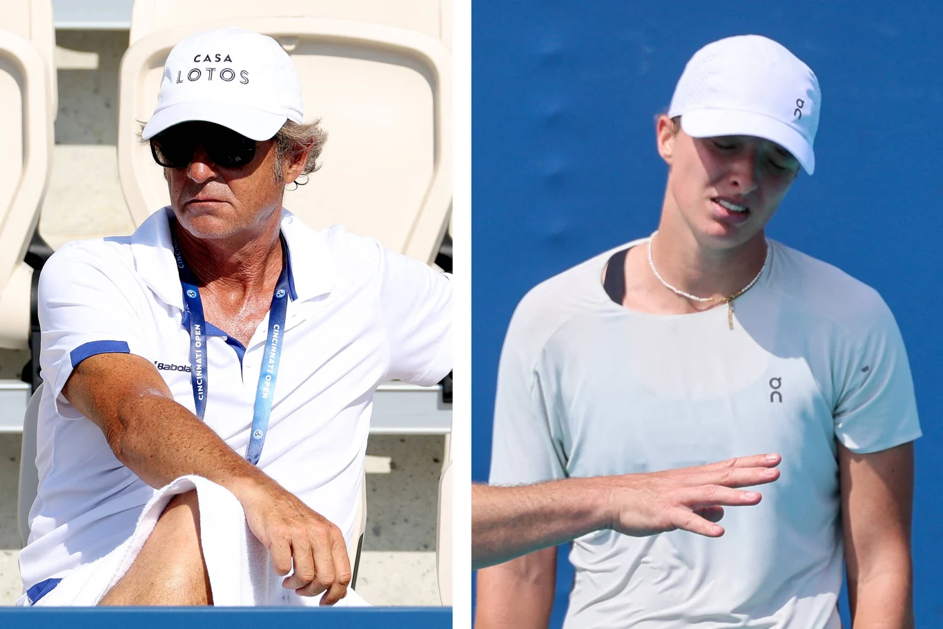 Dwie osoby w sportowych strojach oraz białych czapkach, jedna siedzi na trybunach w okularach przeciwsłonecznych, druga stoi na tle niebieskiego kortu tenisowego, sprawiając wrażenie zmęczonej.