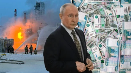 Na zdjęciu prezydent Rosji Władimir Putin, po lewej pożar terminala Ust-Ługa po jednym z ataków / fot.123RF