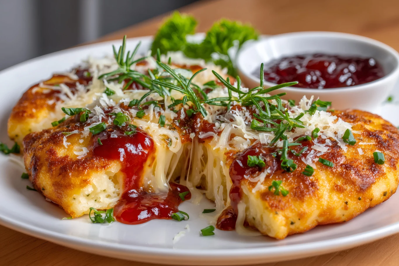 Placek zbójecki zrobisz z ziemniaków z dodatkiem tartego sera i oscypka Placek zbójecki z ziemniaków z tartym serem i oscypkiem, posypany ziołami, z miseczką czerwonego sosu owocowego.