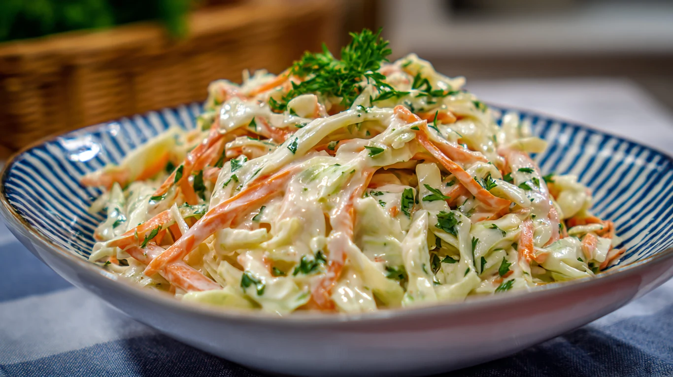 Pyszna i zdrowa surówka do kebaba Surówka do kebaba z poszatkowanej kapusty i marchewki z sosem majonezowym i natką pietruszki