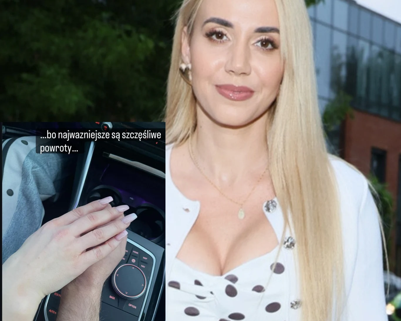 kobieta o długich blond włosach ubrana w białą bluzkę w czarne grochy, patrząca w stronę obiektywu; w lewym dolnym rogu zdjęcia widoczne są splecione dłonie kobiety i mężczyzny na tle konsoli samochodowej oraz napis: „...bo najważniejsze są szczęśliwe ...