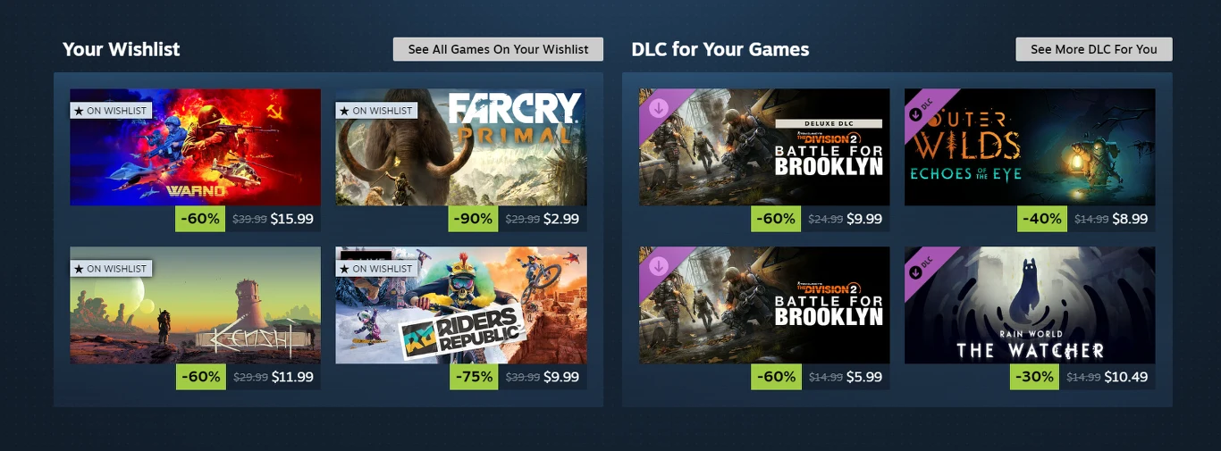 Zrzut ekranu z platformy Steam, przedstawiający sekcje z grami na liście życzeń oraz dodatkami DLC do posiadanych tytułów, z wyraźnie oznaczonymi zniżkami procentowymi i aktualnymi cenami; na głównych grafikach widoczne są tytuły takie jak Far Cry Prim...