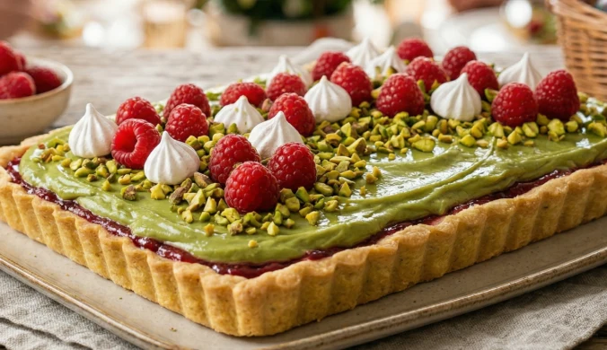 Mazurek pistacjowy z konfiturą malinową i białą czekoladą 