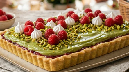 Mazurek pistacjowy z konfiturą malinową i białą czekoladą 