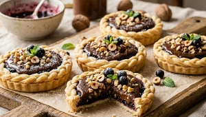 Minimazurki orzechowe z kakaowym kajmakiem i czarną porzeczką