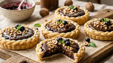 Minimazurki orzechowe z kakaowym kajmakiem i czarną porzeczką