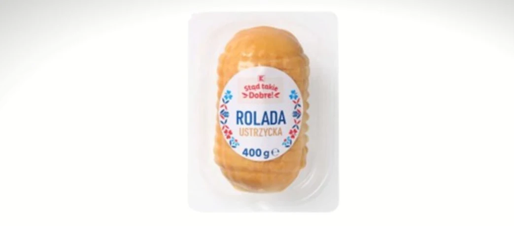 Rolada ustrzycka marki Dobre, zapakowana próżniowo, na etykiecie widoczna waga 400 g oraz kolorowe zdobienia ludowe.