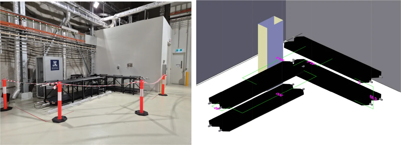 Po lewej stronie wydzielona strefa serwerowni zabezpieczona barierkami i słupkami ostrzegawczymi, z widocznymi kablami oraz urządzeniami technicznymi; po prawej stronie schematyczny, trójwymiarowy rzut instalacji technicznej przedstawiający rozmieszcze...