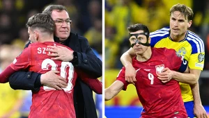 Reprezentacja Polski. Na zdjęciu Sebastian Szymański, selekcjoner Jan Urban oraz Robert Lewandowski