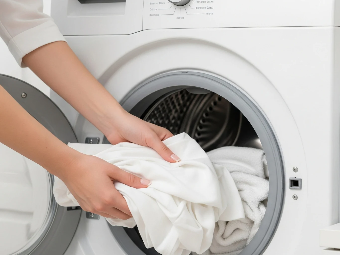 Ręce wkładające biały obrus do bębna pralki. 