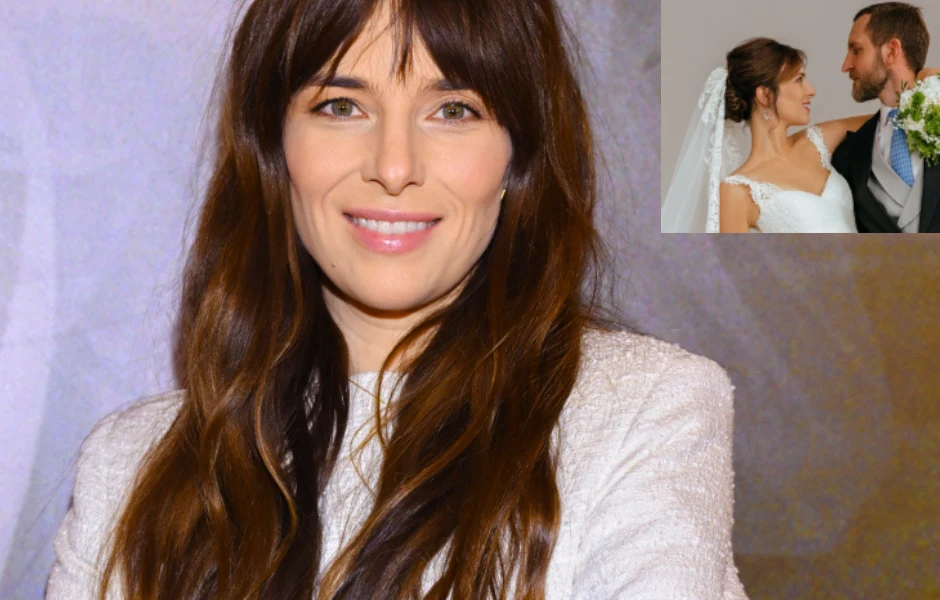 Anna Czartoryska z mężem świętują rocznicę ślubu Kobieta z długimi brązowymi włosami w białym stroju uśmiecha się lekko do aparatu, w prawym górnym rogu małe zdjęcie młodej pary ślubnej patrzącej sobie w oczy.