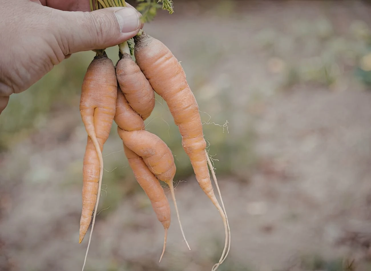 Ręka trzyma trzy nieregularnie ukształtowane marchewki z cienkimi, długimi korzeniami na tle rozmytego ogrodu.