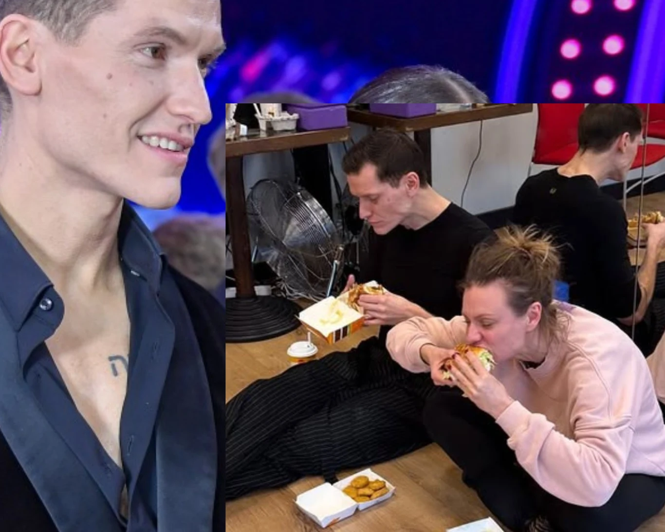 Mężczyzna ubrany elegancko z uśmiechem na twarzy oraz scena, na której ten sam mężczyzna i kobieta siedzą na podłodze i jedzą fast food z plastikowych opakowań, obok nich leżą kawałki kurczaka i kubeczek z napojem.