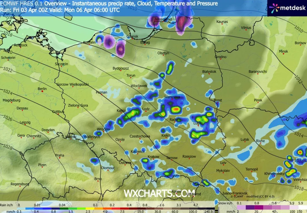 Mapa pogodowa Polski z systemem opadów atmosferycznych skoncentrowanych głównie w centralnej części kraju, szczególnie na południe od Łodzi oraz w okolicach Częstochowy i Katowic; intensywność opadów zaznaczona kolorami od niebieskiego po żółty i zielo...