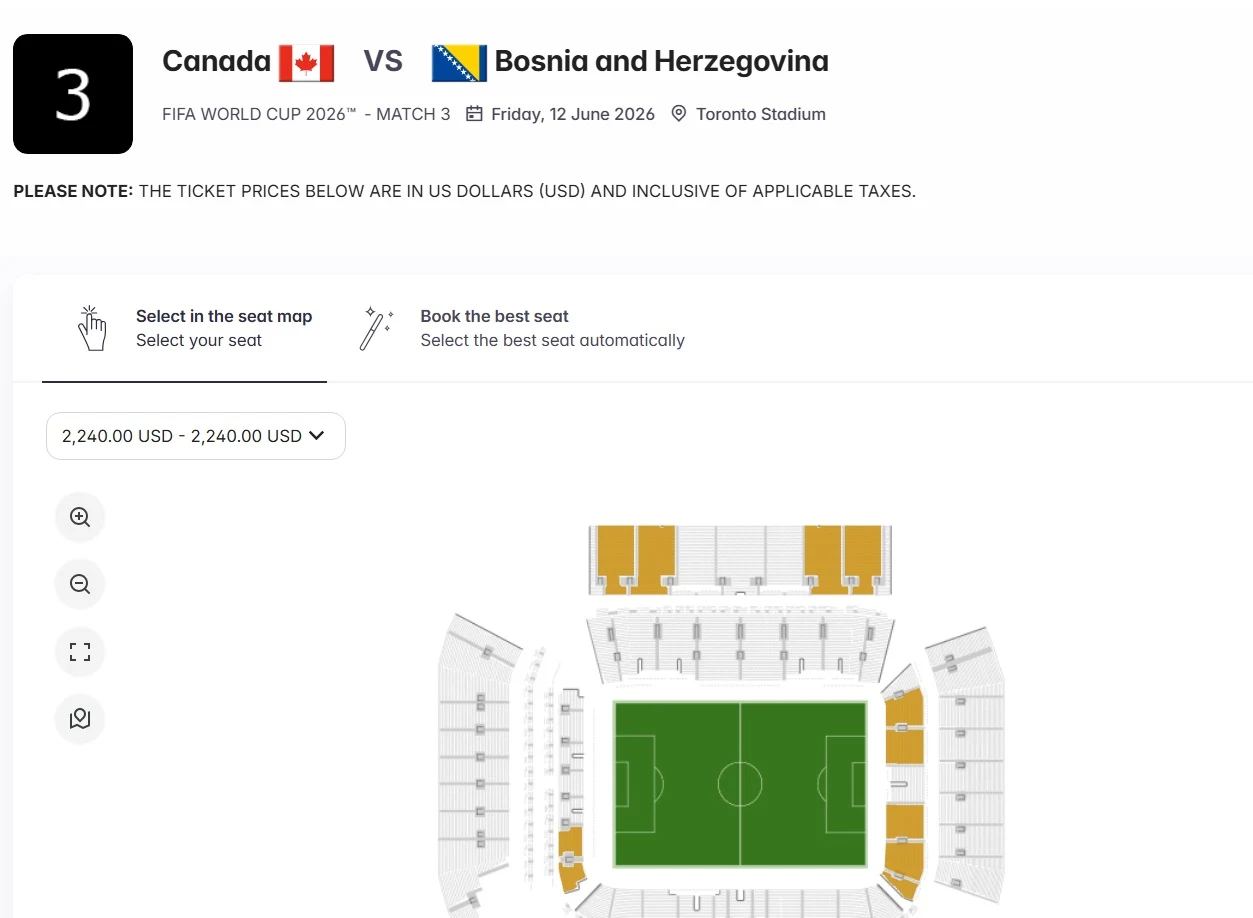 Ekran sprzedaży biletów na mecz piłkarski Kanada kontra Bośnia i Hercegowina na Mistrzostwach Świata 2026 z mapą stadionu, informacją o dacie i miejscu oraz zakresem cen biletów w dolarach amerykańskich.