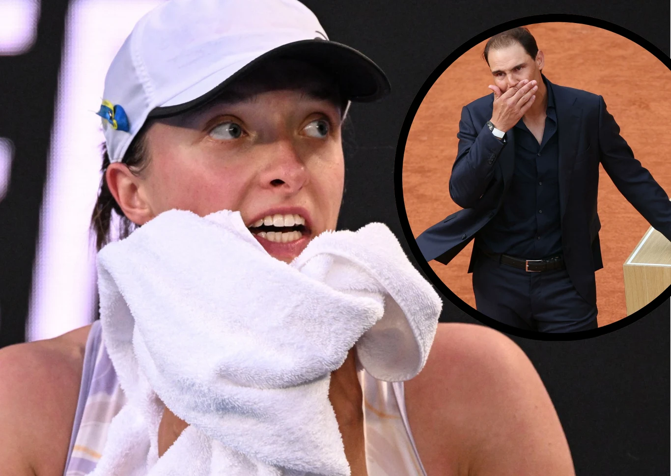 Iga Świątek i Rafa Nadal Zbliżenie tenisistki w białej czapce, która wyciera twarz ręcznikiem; na tle widoczna okrągła wstawka z mężczyzną w garniturze, zakrywającym usta dłonią.