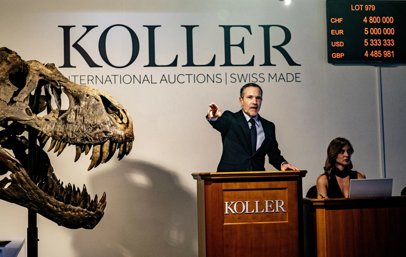 aukcjoner prowadzi licytację w domu aukcyjnym Koller, obok znajduje się czaszka dużego dinozaura, a na tablicy elektronicznej widoczne są ceny w różnych walutach