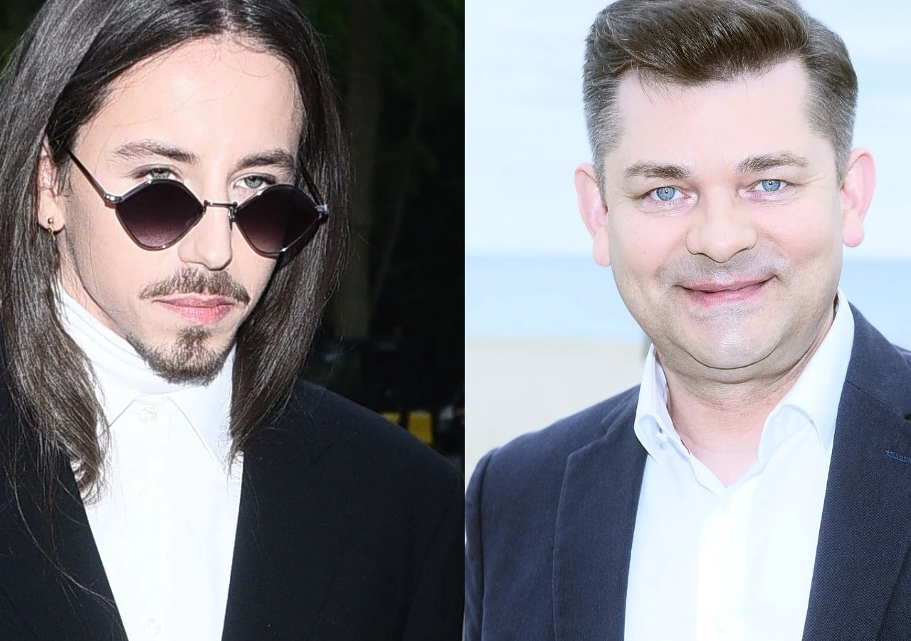 Michał Szpak, Zenon Martyniuk Michał Szpak i Zenon Martyniuk – portrety obok siebie; różne fryzury, garnitury, jasne tło.