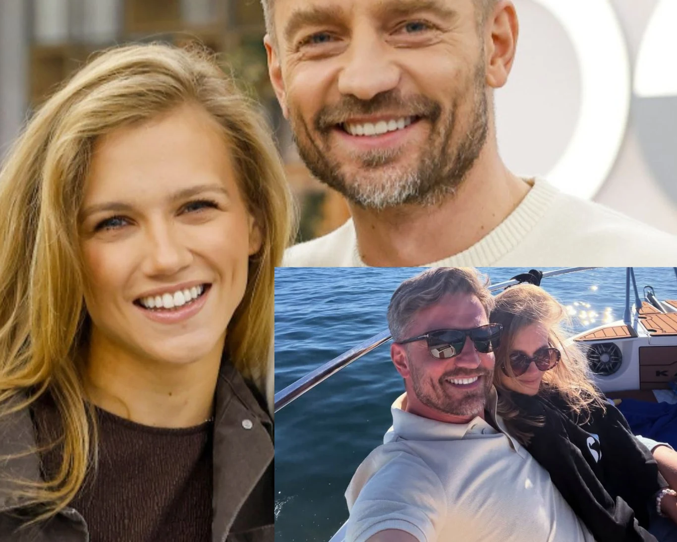 Agnieszka Kaczorowski i Marcin Rogacewicz Uśmiechnięta para, kobieta i mężczyzna, pojawia się na trzech zdjęciach: osobno, razem oraz na łodzi na wodzie podczas słonecznego dnia, oboje noszą okulary przeciwsłoneczne i sprawiają wrażenie szczęśliwych w swoim towarzystwie.