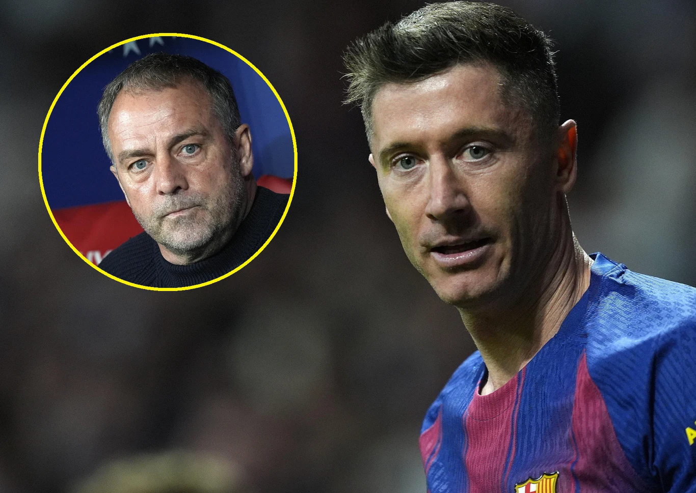 piłkarz w koszulce FC Barcelony na pierwszym planie, w lewym górnym rogu okrągła ramka z portretem mężczyzny o poważnym wyrazie twarzy