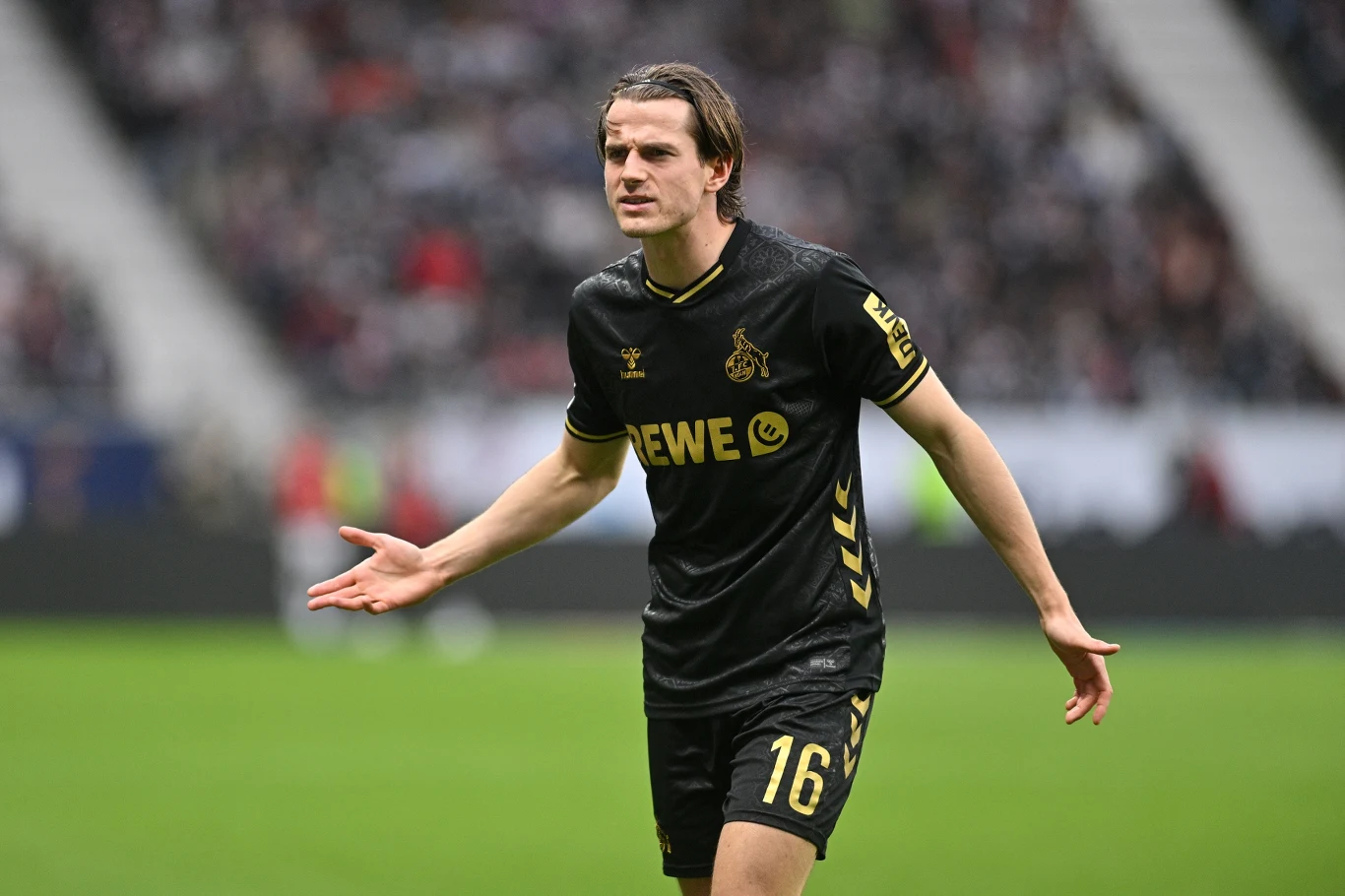 piłkarz w czarnej koszulce z numerem 16 i logo klubu 1. FC Köln gestykuluje na murawie podczas meczu