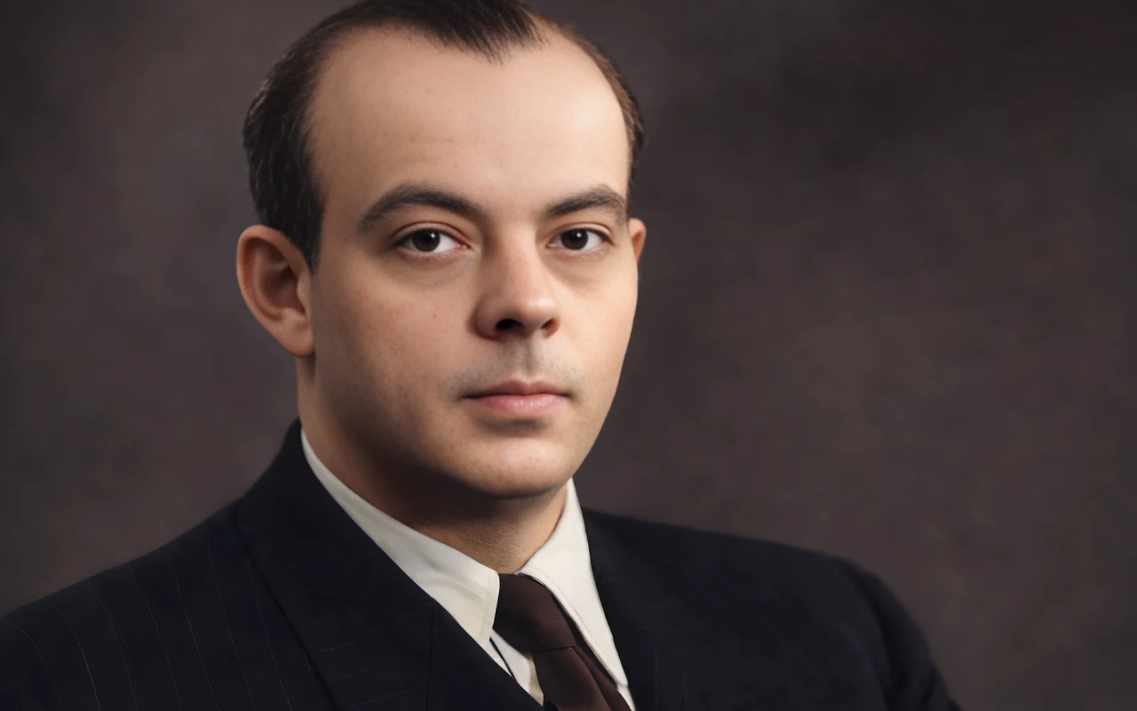 Antoine de Saint-Exupéry Koloryzowany portret fotograficzny Antoine'a de Saint-Exupéry'ego, ubranego w garnitur, białą koszulę i ciemny krawat.