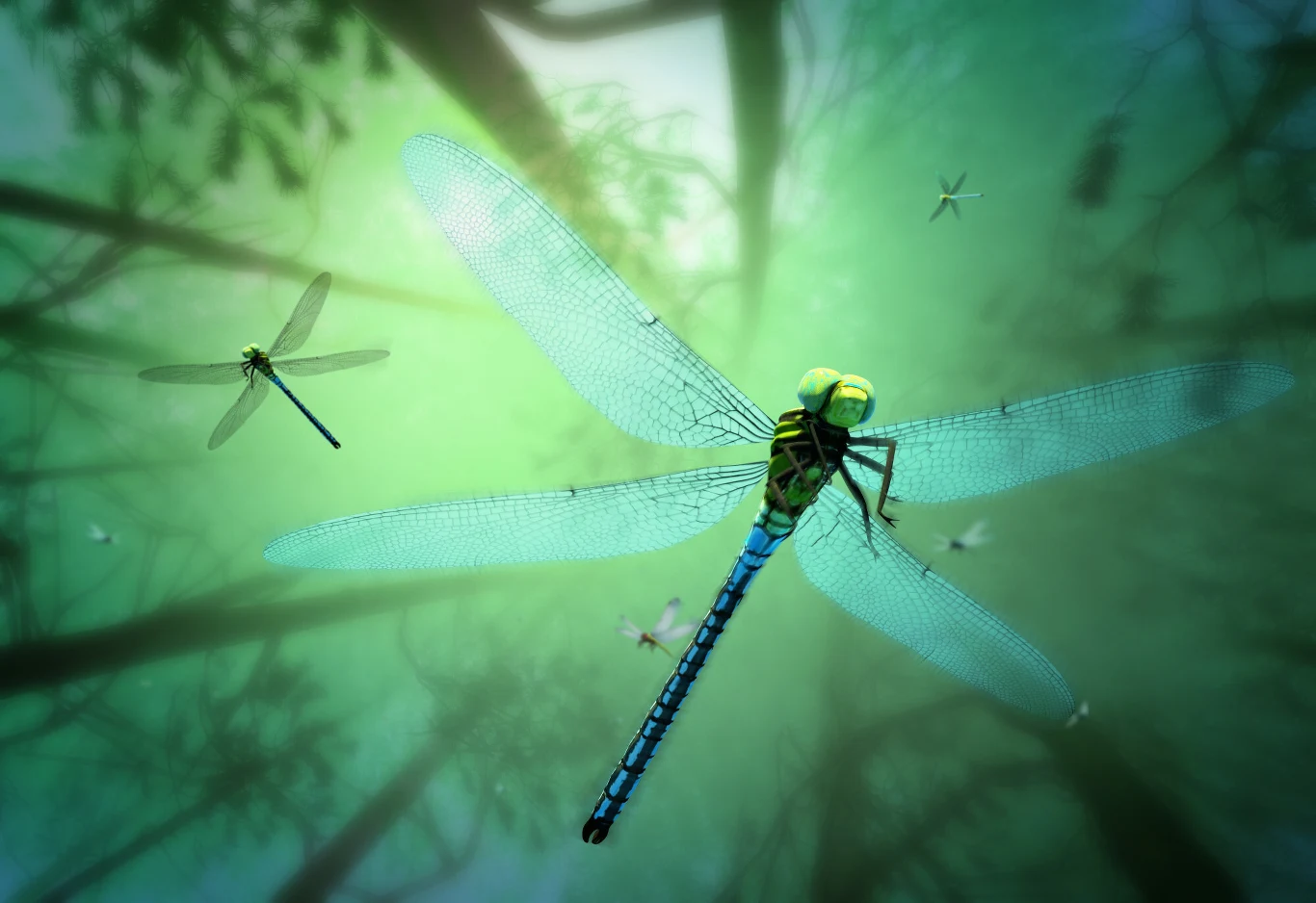 duży, szczegółowo ukazany ważka z błękitnym odwłokiem i przezroczystymi skrzydłami unosząca się w powietrzu pośród rozmytych sylwetek drzew i kilku mniejszych owadów w tle