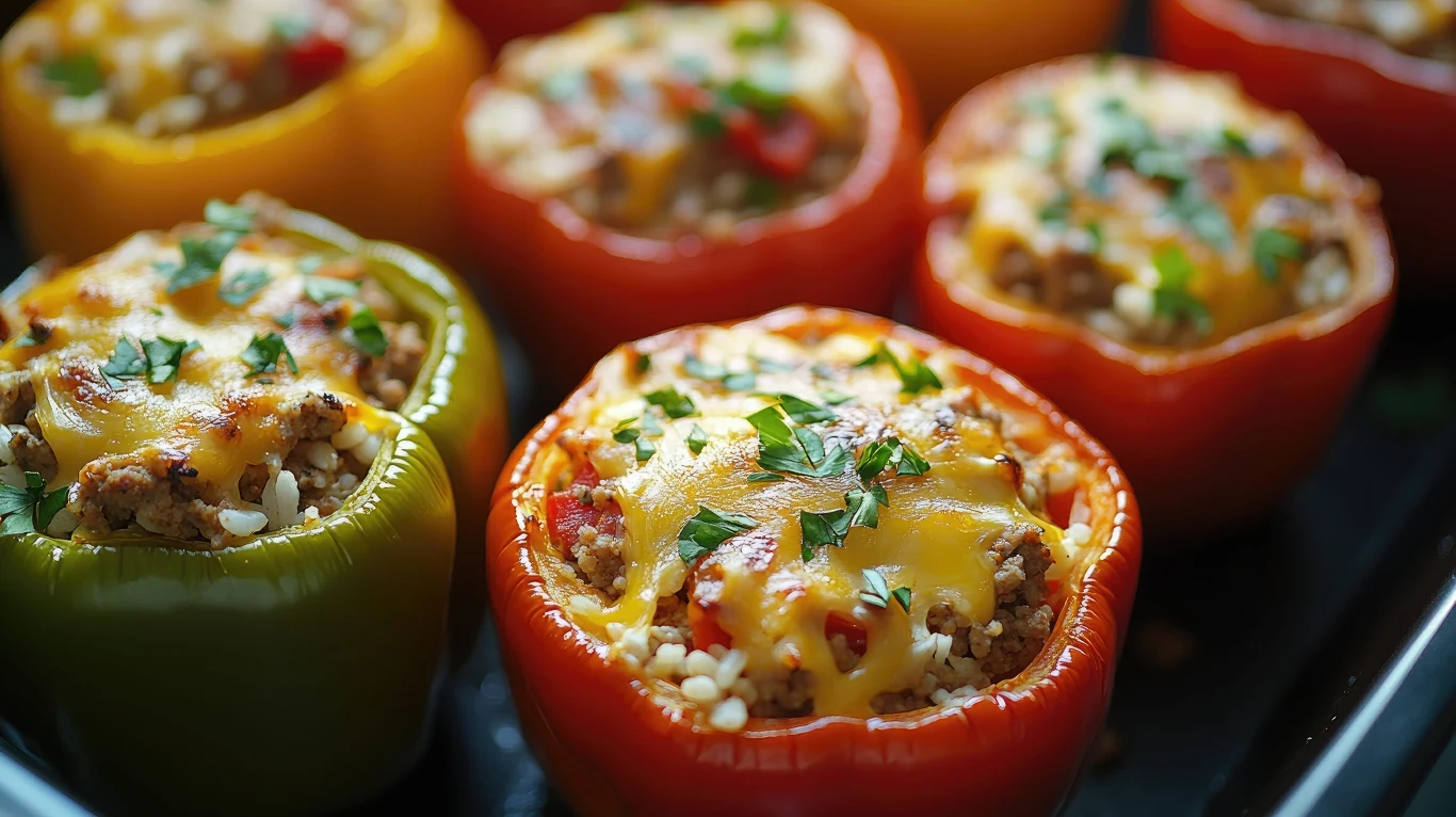 Faszerowane papryki Kolorowe papryki nadziewane mieszanką ryżu, mięsa mielonego i warzyw, zapieczone z żółtym serem i posypane świeżą natką pietruszki.