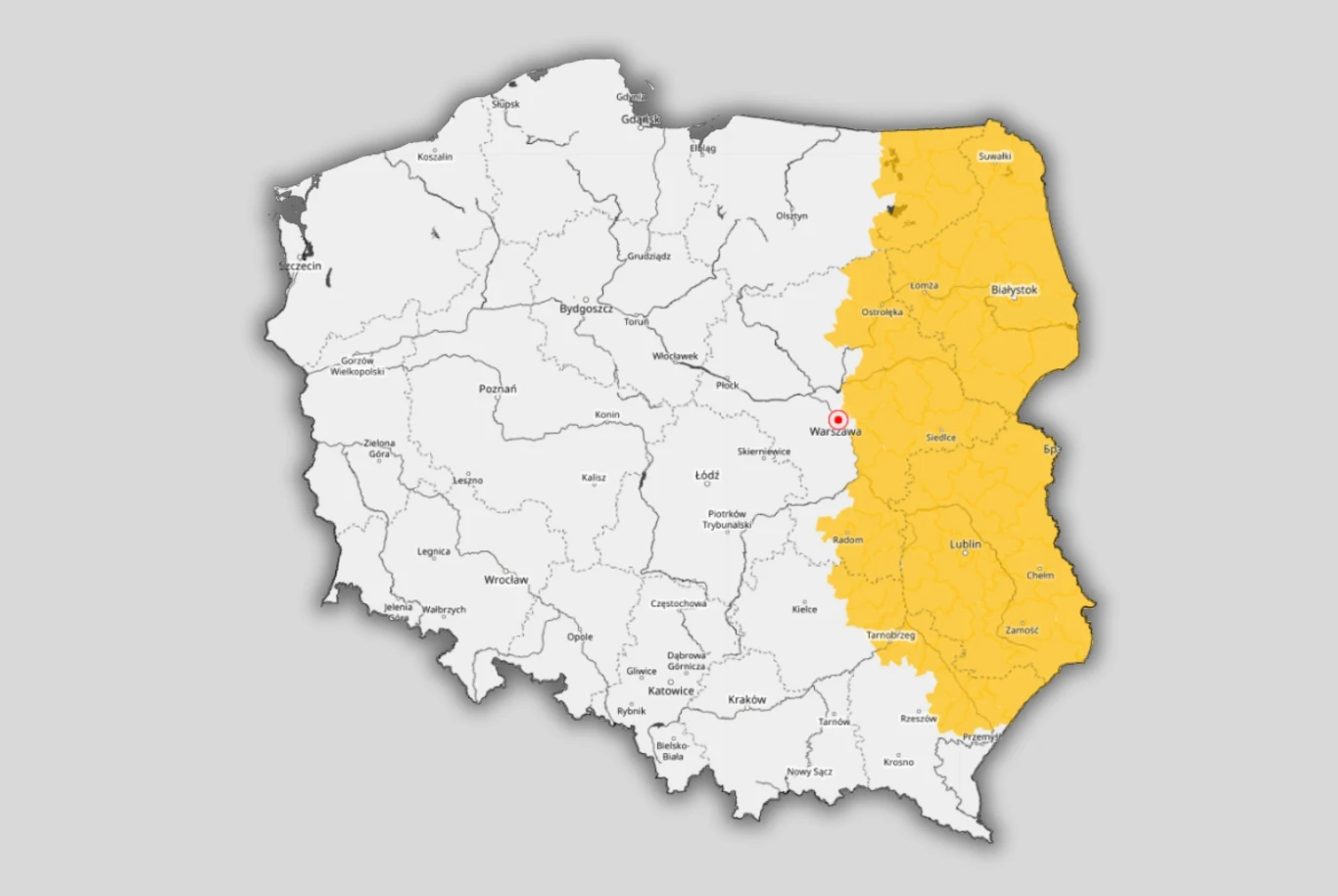 mapa Polski z wyróżnionymi na żółto wschodnimi województwami: podlaskim, lubelskim i podkarpackim, reszta kraju pozostaje w kolorze białym, a granice województw są wyraźnie zaznaczone
