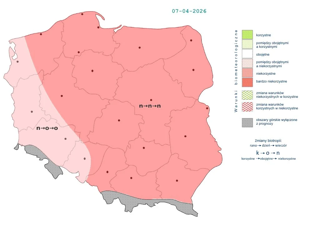 mapa Polski z oznaczeniem stanu biometu na 7 kwietnia 2026 roku; większość kraju objęta jest intensywnym, czerwonym kolorem wskazującym na bardzo niekorzystne warunki biometeorologiczne, natomiast pas zachodni i południowo-zachodni zaznaczony jest jasn...