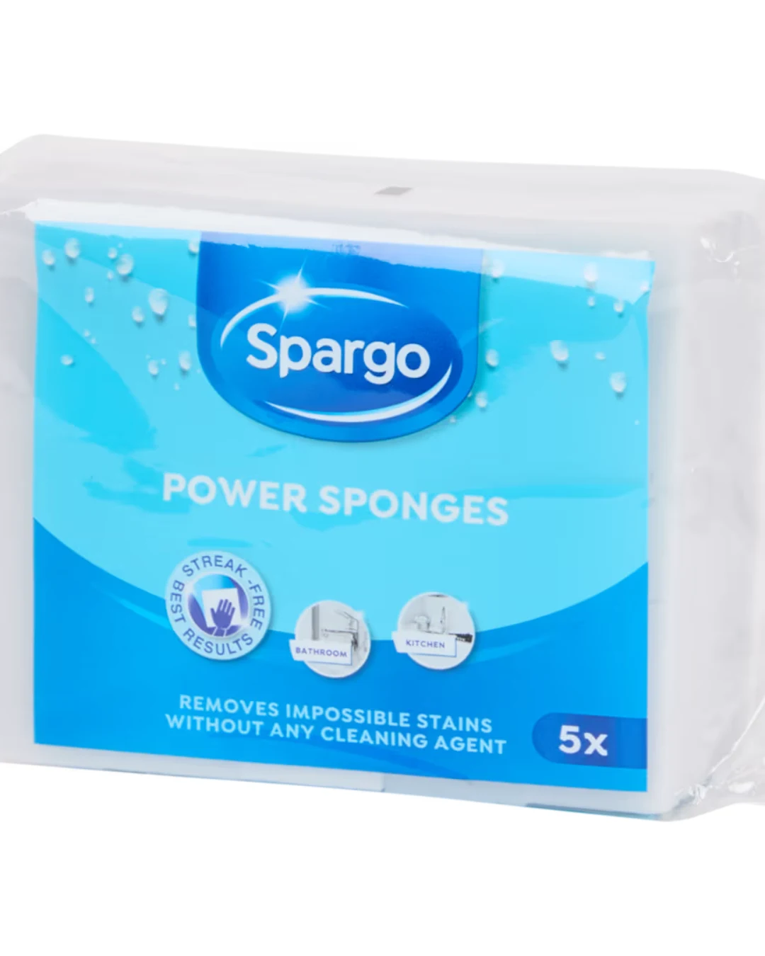 opakowanie niebiesko-białych gąbek marki Spargo z napisem „Power Sponges”, informacją o przeznaczeniu do łazienki i kuchni oraz ilości pięciu sztuk w opakowaniu