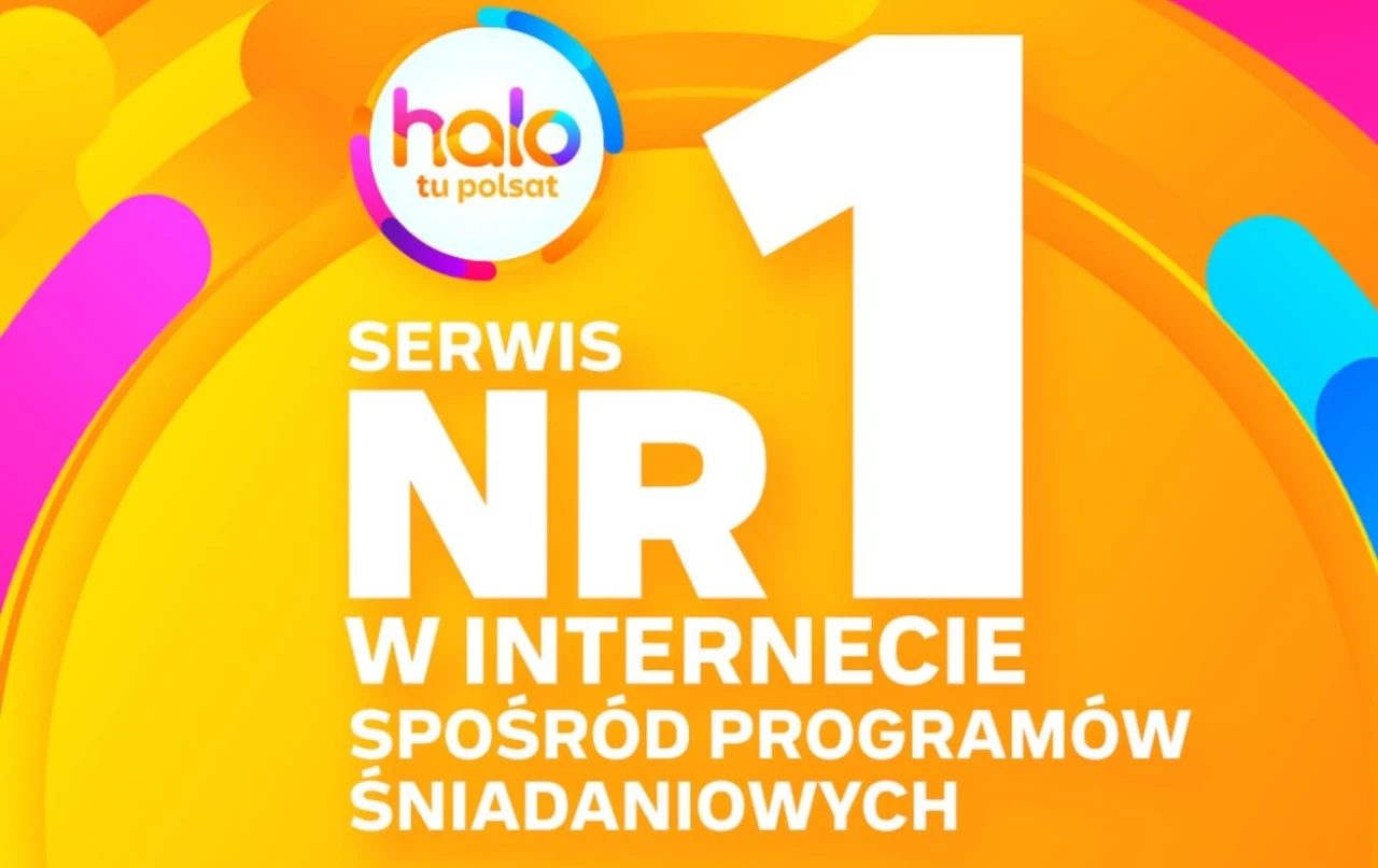 "halo tu polsat" nr 1 w internecie wśród serwisów programów śniadaniowych Grafika z napisem 'NR 1 W INTERNECIE SPOŚRÓD PROGRAMÓW ŚNIADANIOWYCH' na tle żółto-pomarańczowych okręgów, z logo 'halo tu Polsat' na górze.