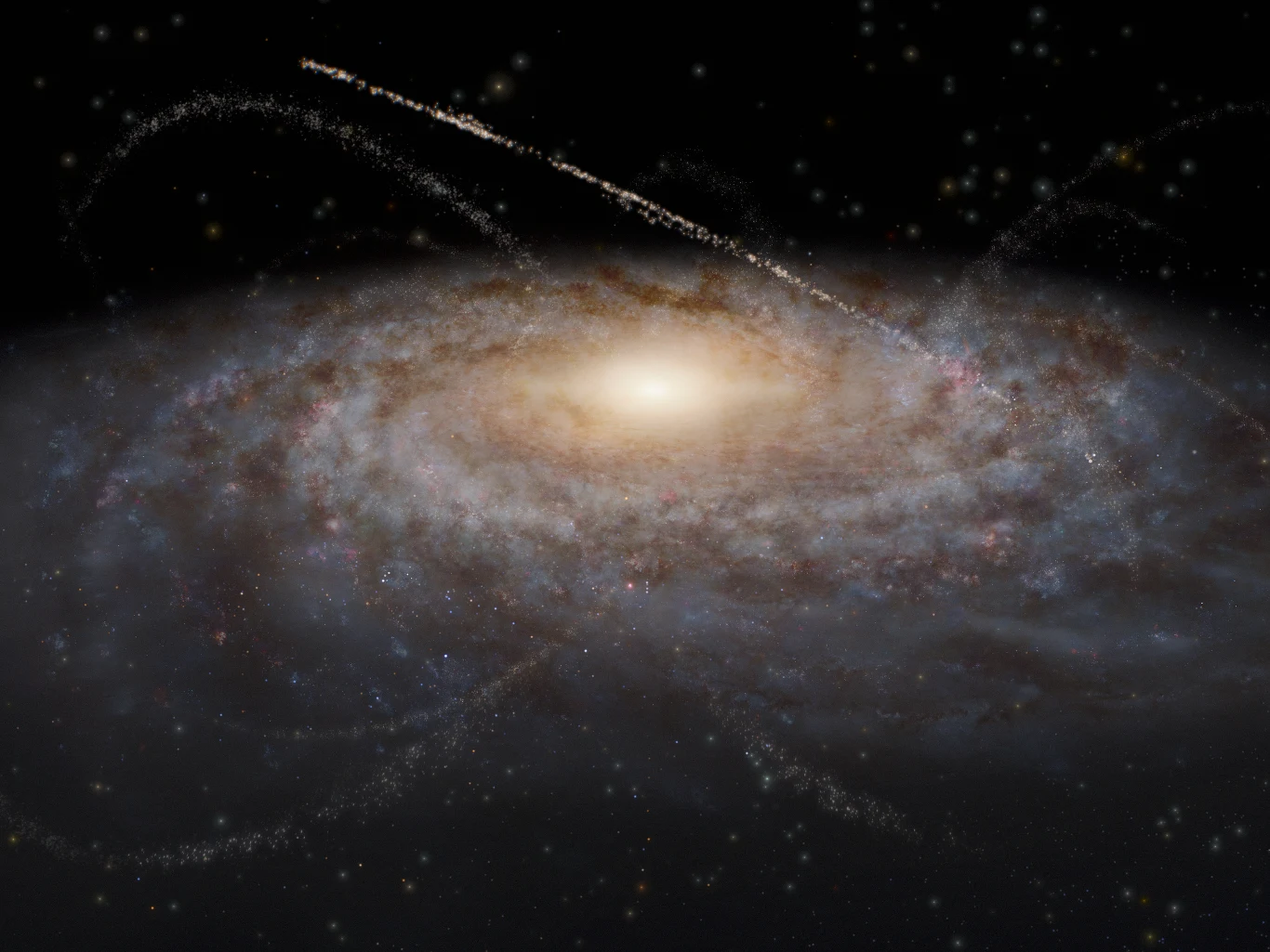 Droga Mleczna na tle czerni kosmosu; widoczne ramiona spiralne i centrum galaktyki z ciemnymi smugami pyłu.