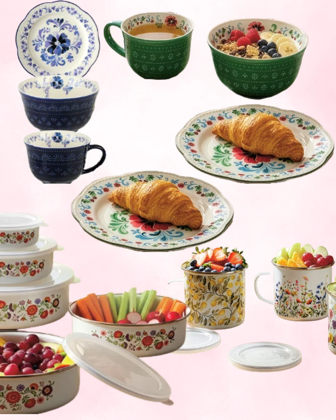 Zestaw porcelanowych talerzy i misek z kwiatowymi wzorami, filiżanki z herbatą i owocami, dwa talerze z croissantami, pojemniki na żywność wypełnione warzywami, winogronami i innymi produktami, całość utrzymana w stylu rustykalnym.