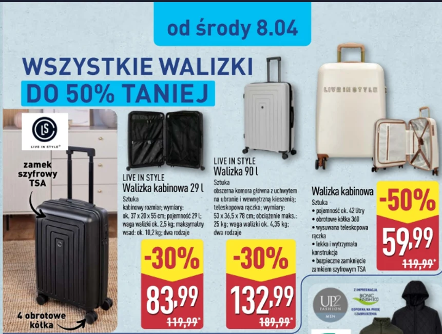 Trzy rodzaje walizek kabinowych w różnych kolorach ustawione obok siebie, z wyraźnie zaznaczonymi obniżonymi cenami oraz informacją o promocji do 50% taniej, z wyróżnieniem funkcji zamka szyfrowego TSA i obrotowych kółek.