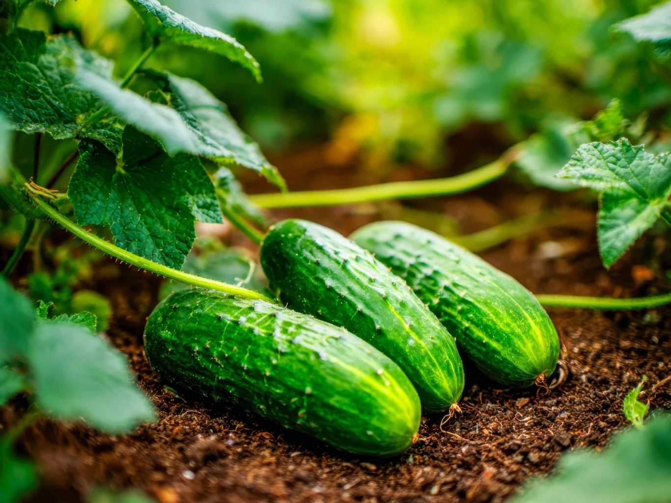 Pamiętaj o wzmocnieniu gleby wiosną. Ogórki będą rosły jak szalone Trzy świeże ogórki leżą na ziemi wśród zielonych liści rośliny, otoczone przez soczyście zielone pędy i rozłożyste liście ogórka.