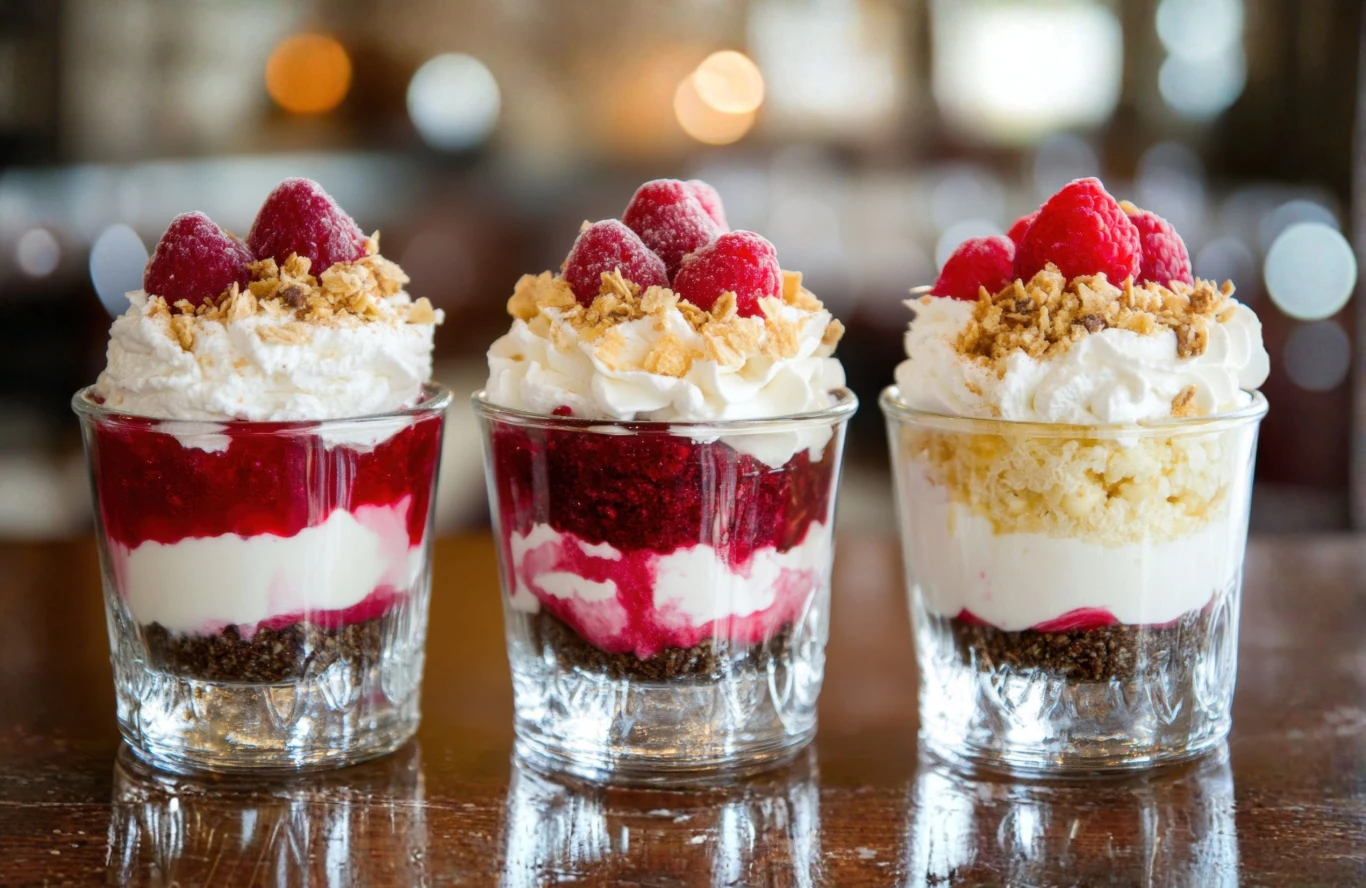 Proste owocowe deserki z mascarpone Trzy szklanki z deserem warstwowym z mascarpone, malinami, musem owocowym i chrupiącą posypką na drewnianym blacie.